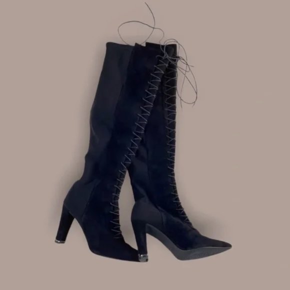 Stuart Weitzman Women’s Stretch Suede Over The Knee Lace Up Boots in Black - Picture 3 of 3